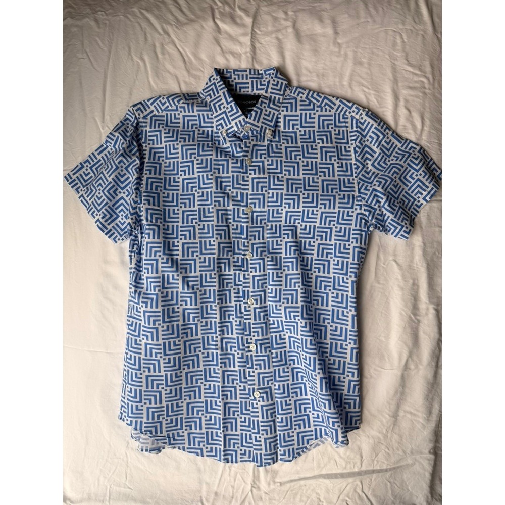Bonobos Mens Slim Fit Short Sleeve Button Down Shirt Blue Geometric Print S